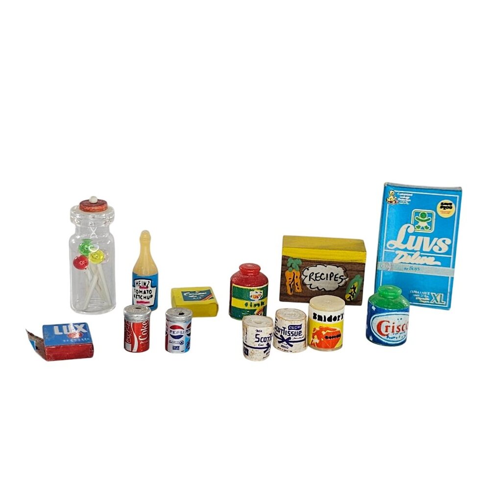 Vintage Dollhouse Miniatures Groceries Luvs Diapers Crisco Scott Tissue